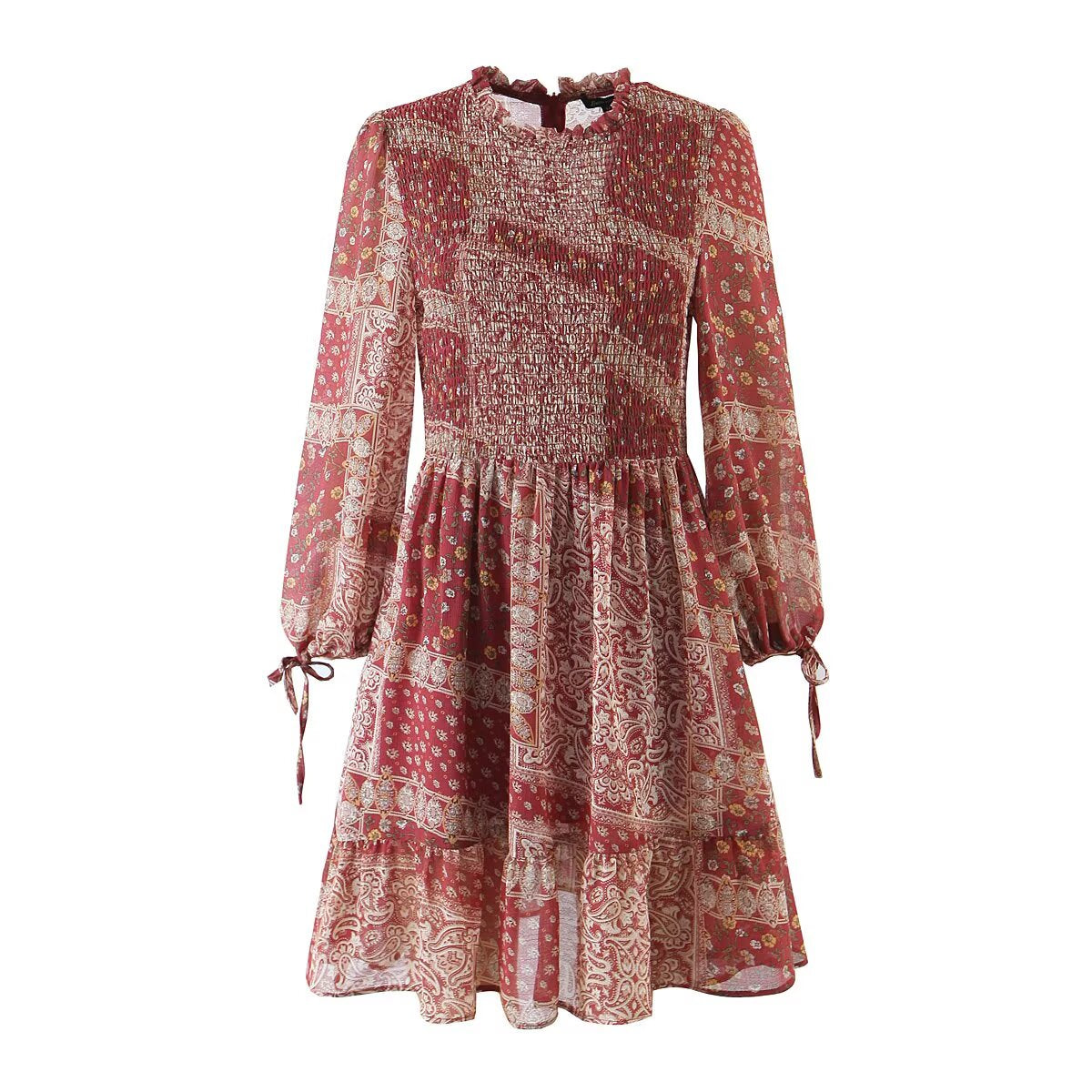 Women Clothing Western Imitation Bow Tie Cuff Patchwork Printed Dress