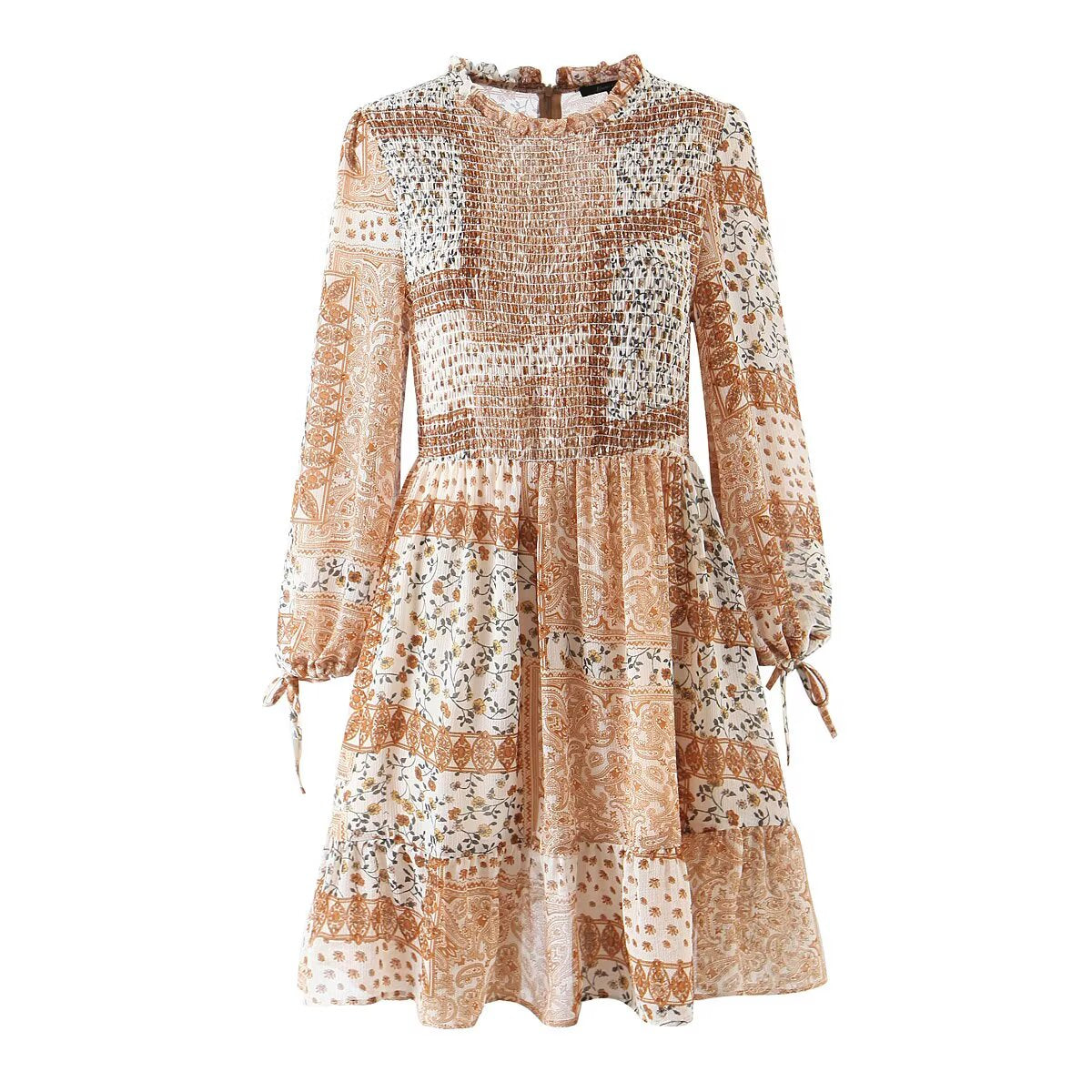 Women Clothing Western Imitation Bow Tie Cuff Patchwork Printed Dress