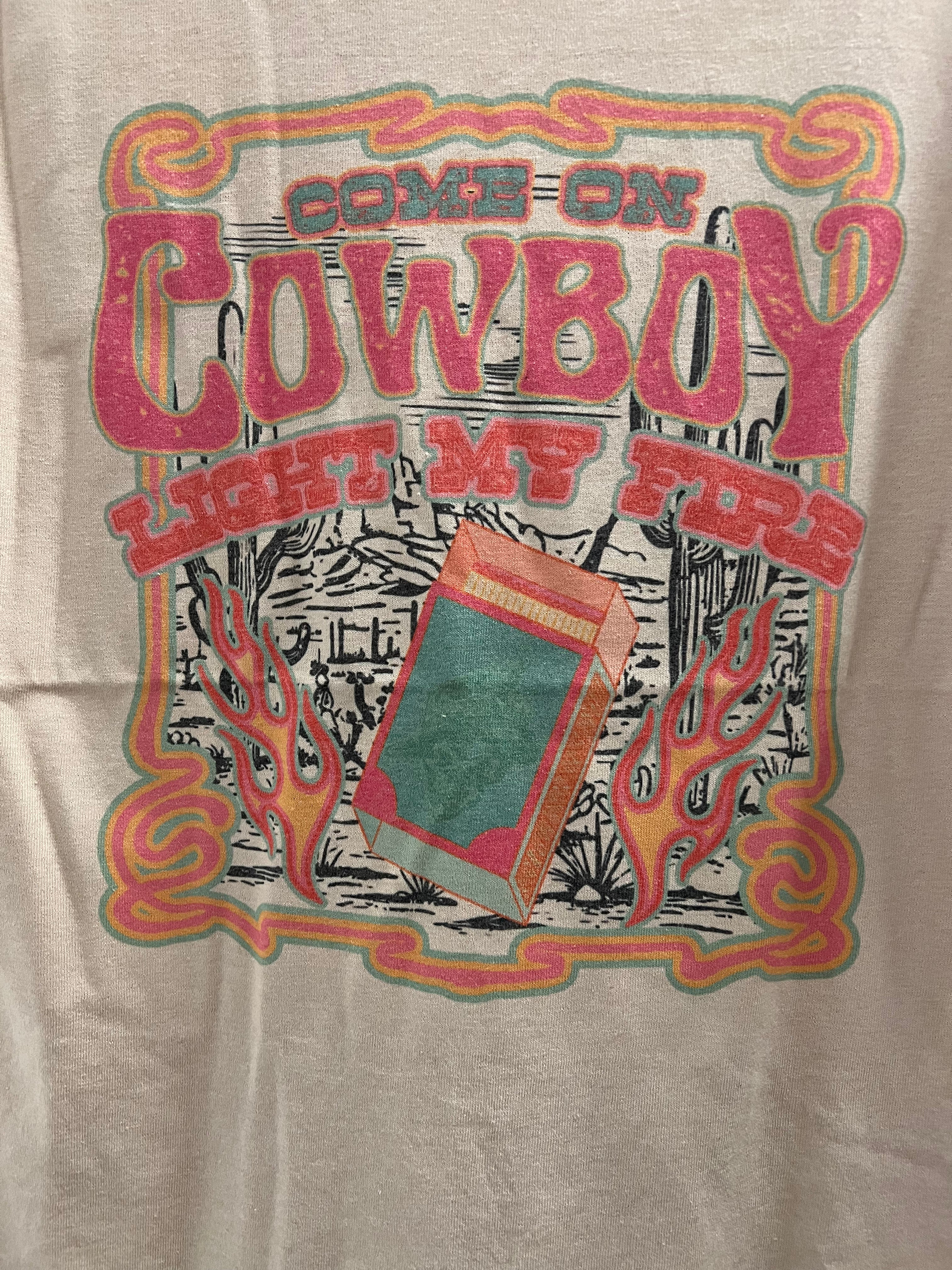 "Come on Cowboy, Light My Fire" Retro Western Graphic Tee — Off-White Jerzees Vintage Cowboy Core