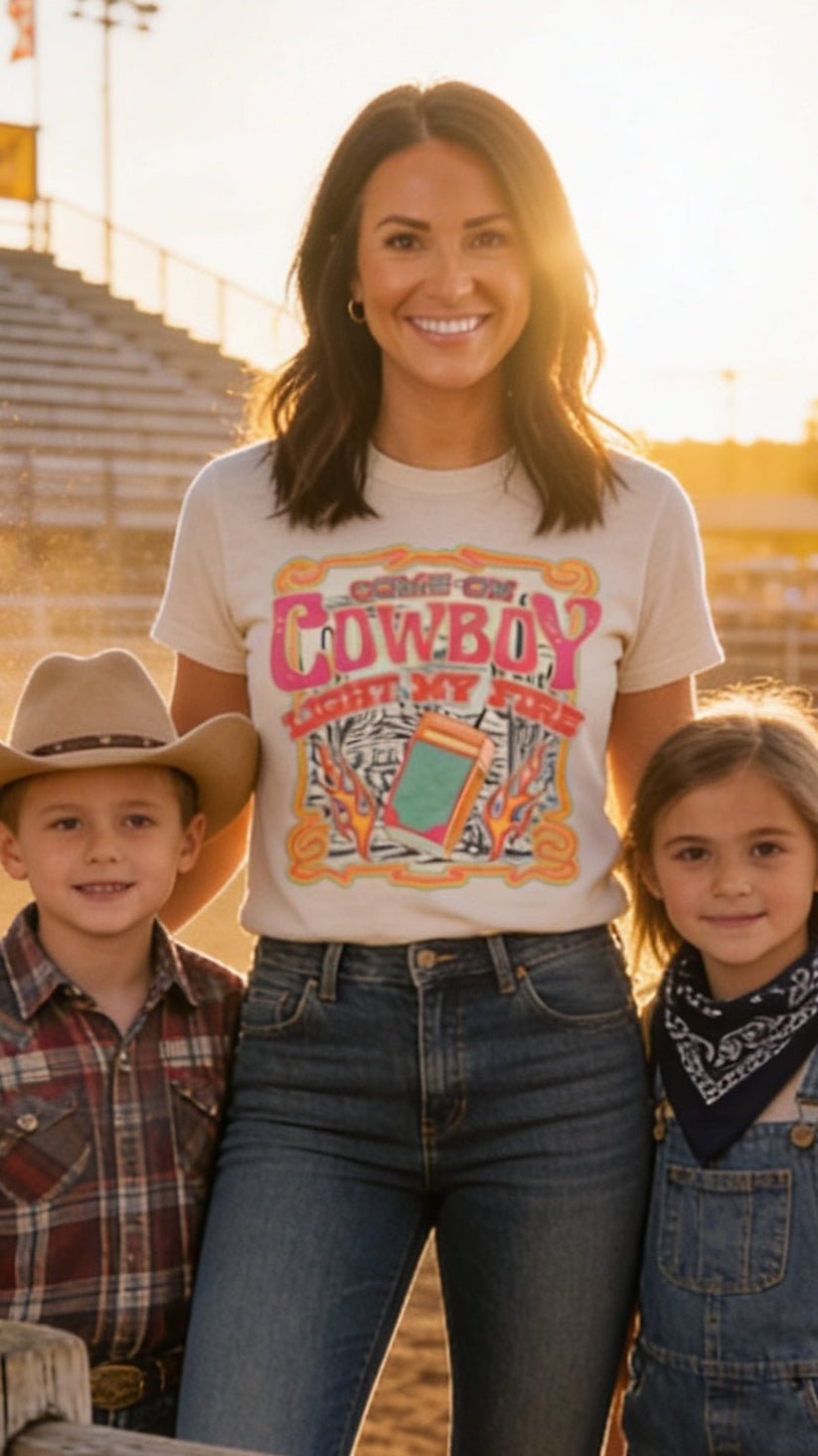 "Come on Cowboy, Light My Fire" Retro Western Graphic Tee — Off-White Jerzees Vintage Cowboy Core