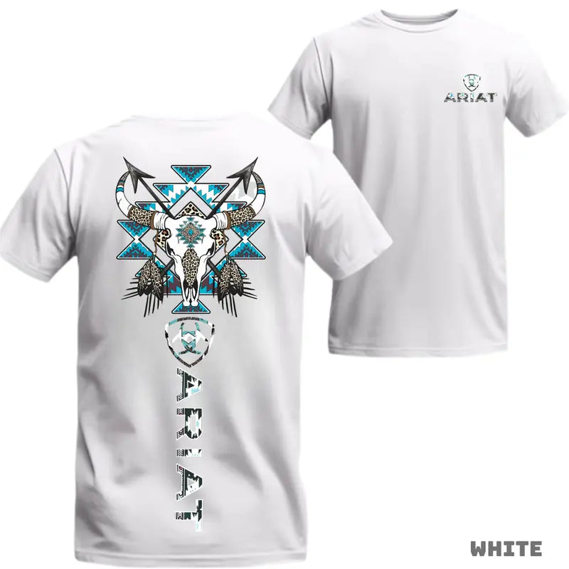 Ariat Western Tribal Bull Skull T-Shirt – Turquoise Accents, Soft Cotton, Relaxed Fit Rodeo Style Tee for Cowboy Lovers