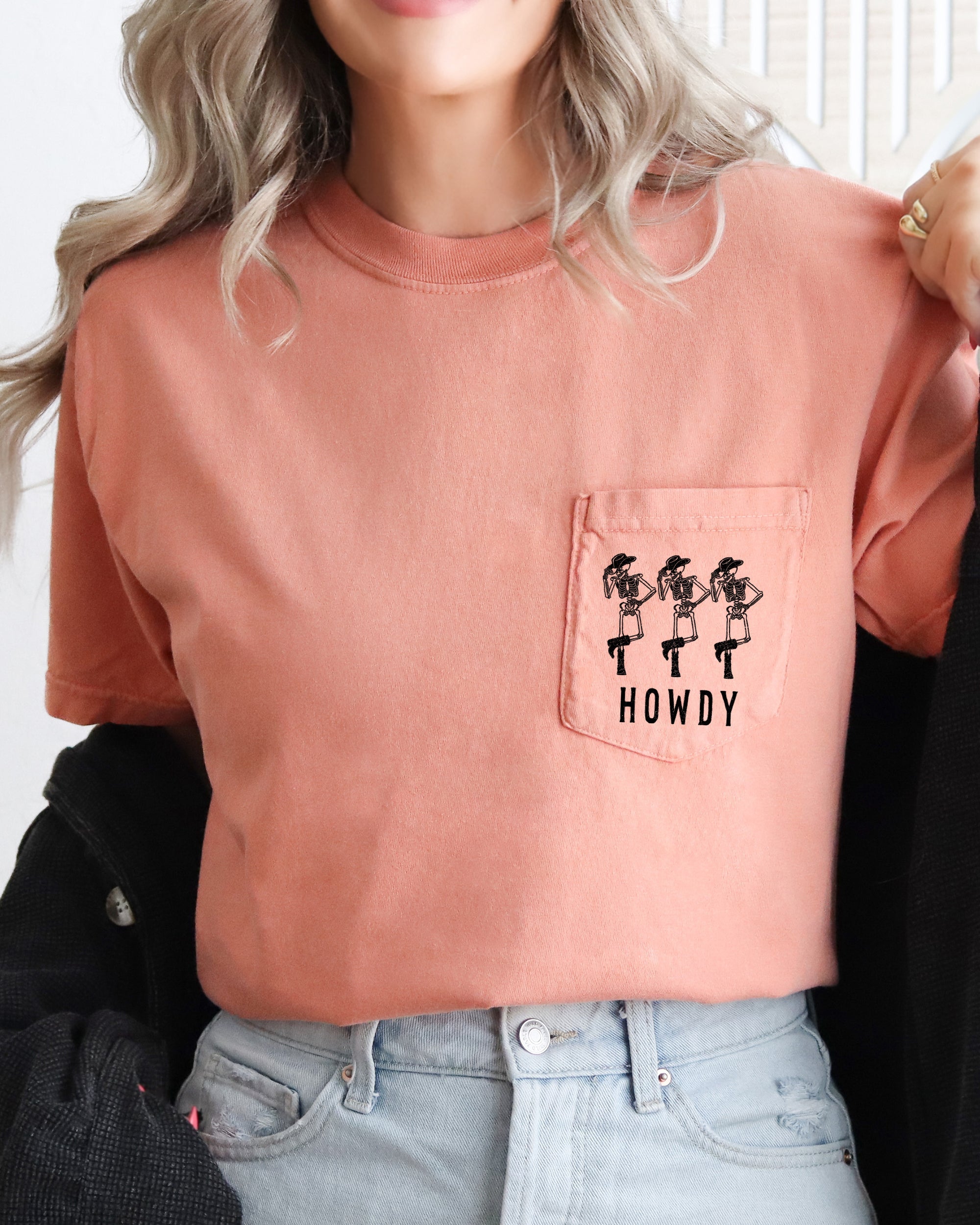 Howdy Skeleton, Cowboy, Halloween Western Vintage Pocket Tee Design For Classic Western Style Comfort Colors Tee